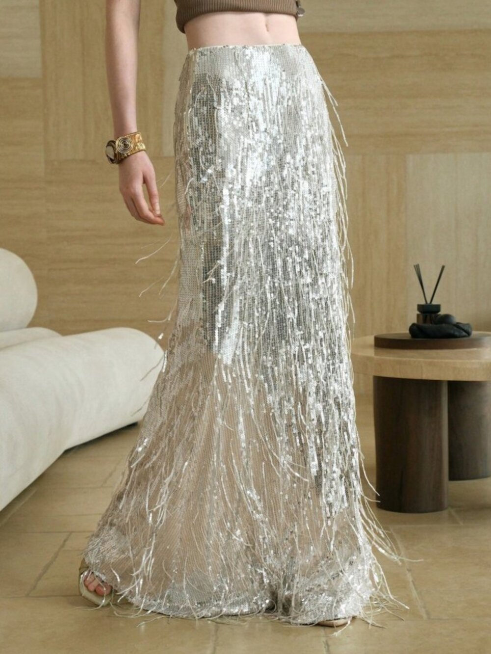 Silver Sequin Fringe Maxi Skirt with Fitted Waist